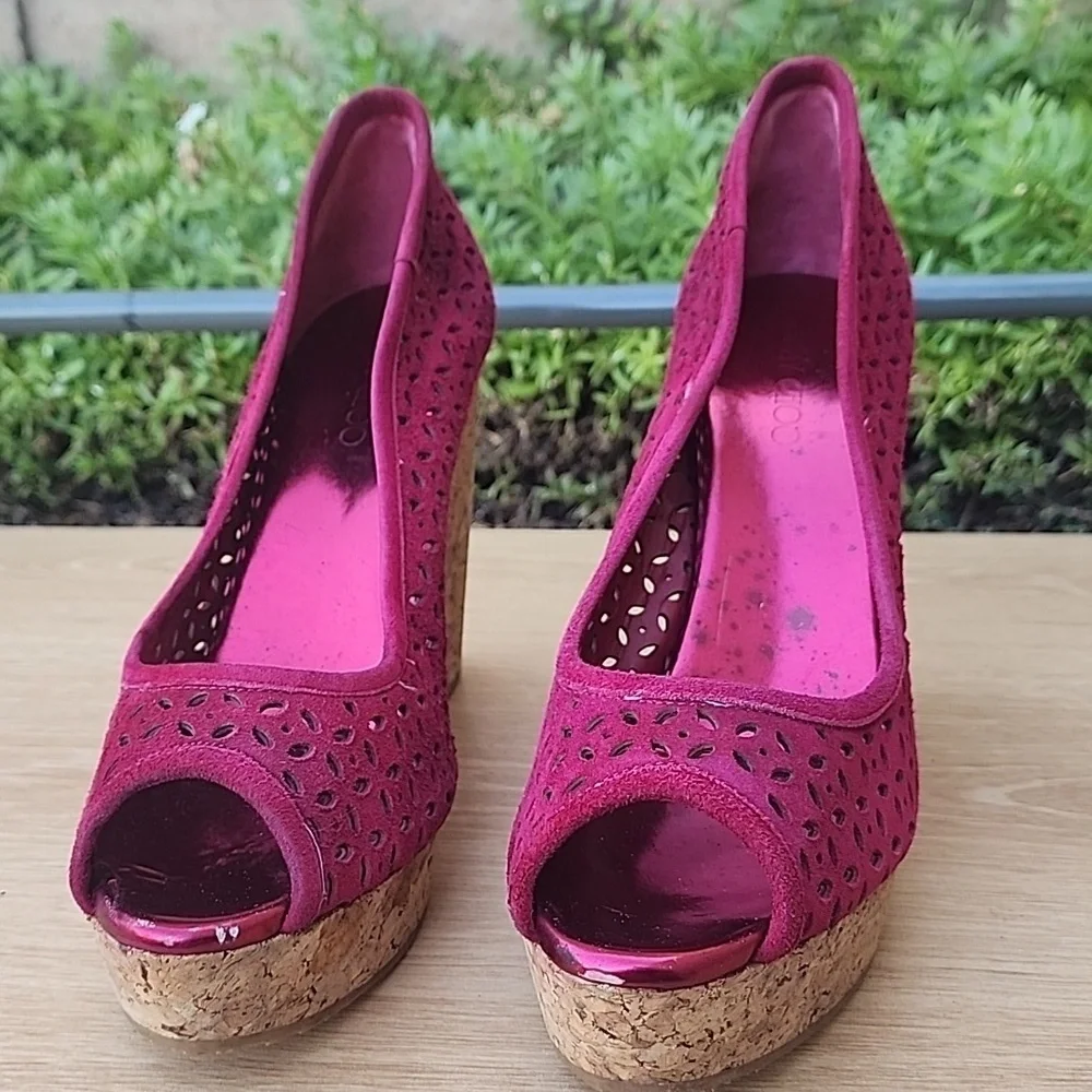 JIMMY CHOO 'PAPINA' BERRY WINE SUEDE CORK WEDGE Size 40